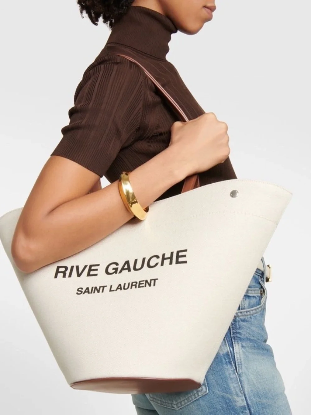Saint Laurent YSL Rive Gauche Canvas Logo Leather Tote Shoulder Bag - Picture 2 of 15